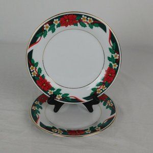 Lot of 2 Tienshan Deck Halls Fine China 7.5" Salad Plate Poinsettia Gold Trim